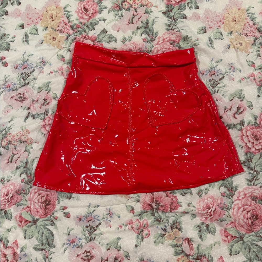 Red patent latex heart mini skirt